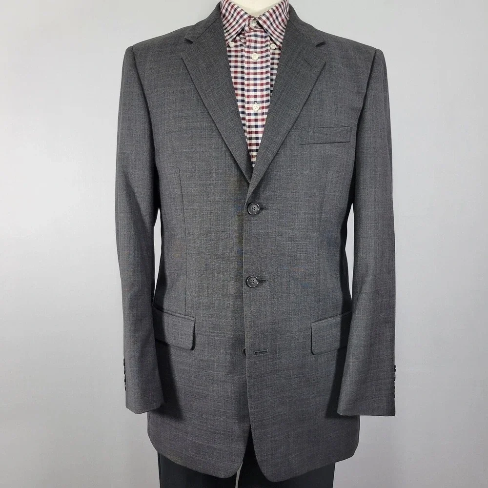 Alfani Men's Sport Coat Blazer Three Button Charcoal Gray‎ Plaid Wool Size 40L